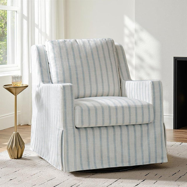 HULALA HOME Swivel Rocker Chair, Farmhouse Swivel Rocking Accent Chair with Washable Slipcover, Striped Fabric Barrel Armchair with Down Filled Cushions, Blue