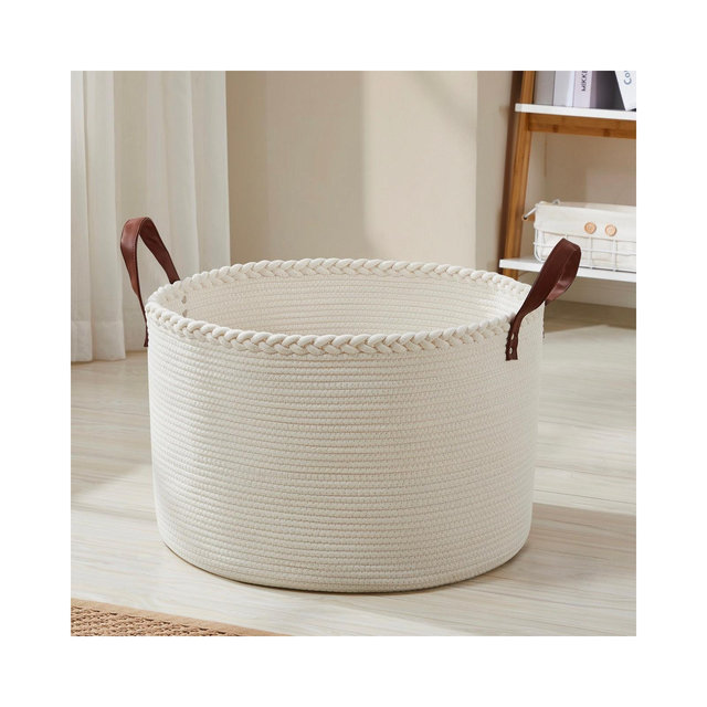 Ornavo Home Large Round Cotton Rope Storage Basket Laundry Hamper with Faux Leather Handles - Cream