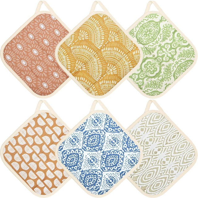 6 Pack Pot Holders 100% Cotton Heat Resistant Potholder, Machine Washable Pot Holder, Hot Pads, Table Pads for Cooking Baking (M)