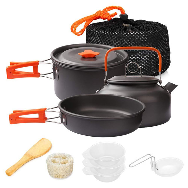 Gutsdoor Camping Cookware Set 4 Person Camping Gear Campfire Utensils Non-Stick Cooking Equipment Lightweight Stackable Pot Pan Bowls with Storage Bag for Outdoor Hiking (10 Piece/Set)