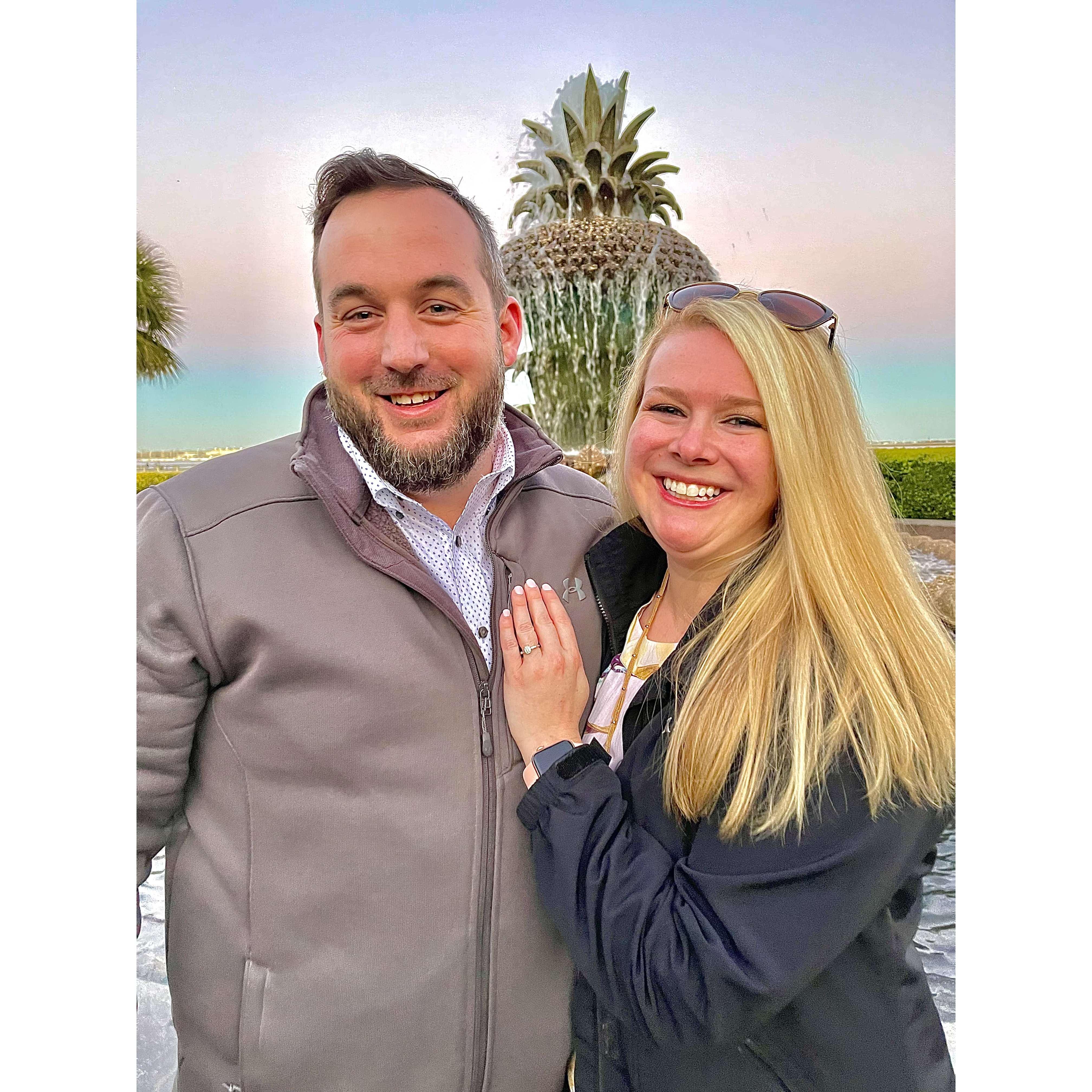 The proposal at the pineapple fountain in Charleston, SC. February 2022
