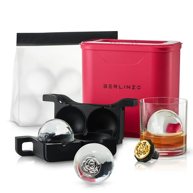 Berlinzo Premium Clear Ice Ball Maker [2024 Upgraded] - Large 2.4-inch Crystal Clear Ice Balls for Whiskey Cocktail - New Easy-to-Remove Ice Sphere Mold - Bonus Storage Bag & Ice Stamp Ring, Hibiscus