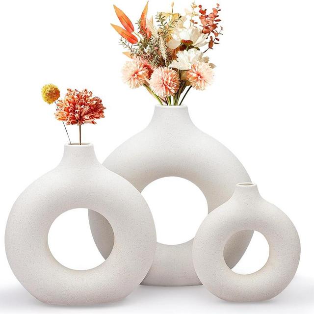 White Ceramic Vase - Modern Vase for Minimalist Decor, Hollow Round Matte Pampas Flower Vases for Boho Home Wedding Party Room Dinner Table Shelf Decor (3pcs)