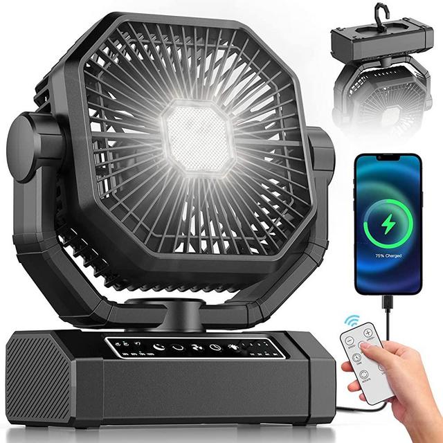 Portable Rechargeable Fan - 9-Inch Camping Fan with Light - 60Hrs 20000mAh Battery Operated Fan for Camping - Outdoor - Tent Fan with Remote, 4 Speeds, 4 Timing, Shaking Head Camp Fan for Tent