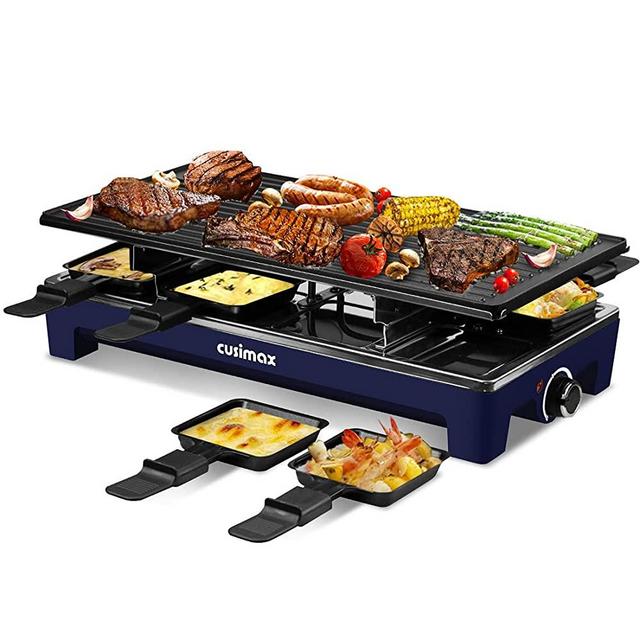 CUSIMAX Raclette Grill Electric Grill Table, Portable 2 in 1 Korean BBQ Grill Indoor & Cheese Raclette, Reversible Non-stick plate, Crepe Maker with 8 Paddles & Shovels, Upgraded Version Blue