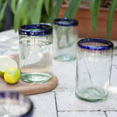 Fair Trade Blue Handblown Glass Tumbler Drinkware Set of 6, "Cobalt Classics"