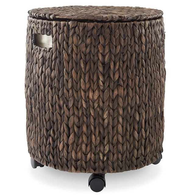 Casafield Round Rolling Storage Basket with Lid - Espresso, Handwoven Water Hyacinth Rolling Hamper Storage Bin on Wheels for Living Room, Bedroom, Bathroom, Laundry
