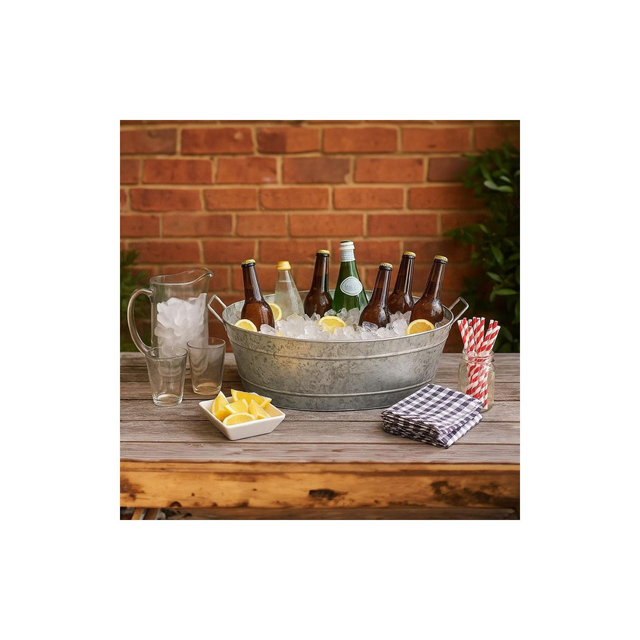 Royal Hampton Embossed Design Oval Shape with Side Handles Galvanized Steel Tub, Large, Silver
