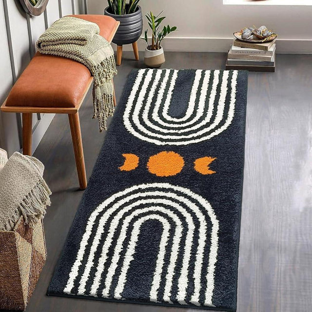 ARTCREATOR Boho Bathroom Runner Rug 20"x47" Long Abstract Bath Mat for Bathroom Soft Plush Fluffy Bath Rugs Boho Bathroom Decor Black Washable Non Slip Runner Rug for Bedroom/Hallway