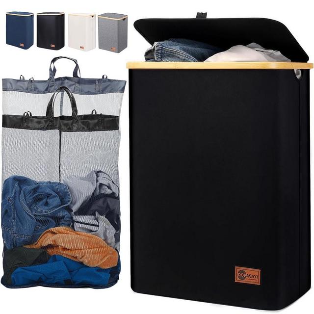 DOFASAYI Laundry Basket - Extra Large Laundry Hamper 2 Section with Removable Bag, Bamboo Handles, Foldable Clothes Hampers for Dirty Laundry Storage, Hamper for Laundry Room, Bedroom, Black