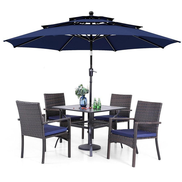 PHI VILLA 5 Piece Outdoor Dining Set with Umbrella, 37" Square Metal Dining Table & Cushioned Rattan Chairs with 10ft Blue Umbrella for Patio, Deck, Yard, Porch
