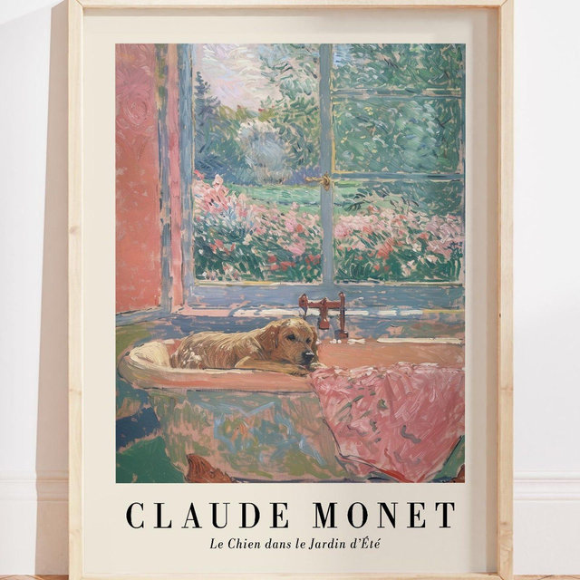 Golden Retriever Bathtub Wall Art Print, Pink Pastel Bathroom Decor, Claude Monet Floral Bathroom Poster, Dopamine Decor, Dog Lover Gift