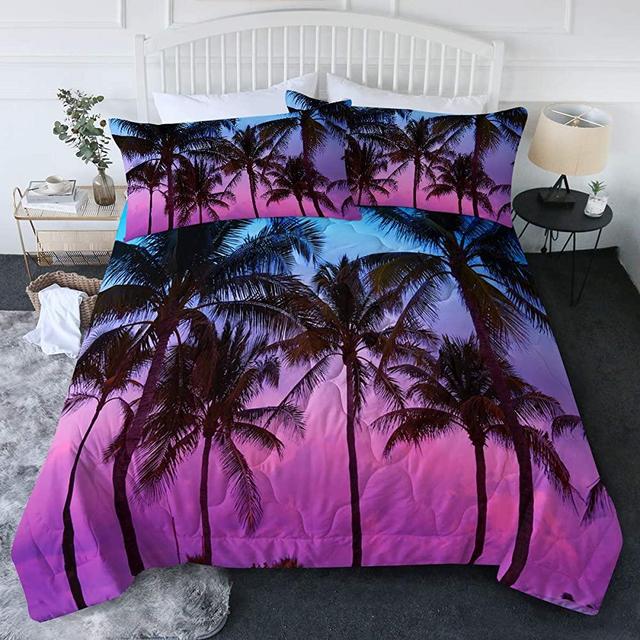 BlessLiving Queen Beach Comforter Set with Palm Trees Tropical Bedding Hawaiian Sunset Bedspreads 3 Piece Beach Themed Bedding Sets (Full/Queen Size, Purple and Blue)