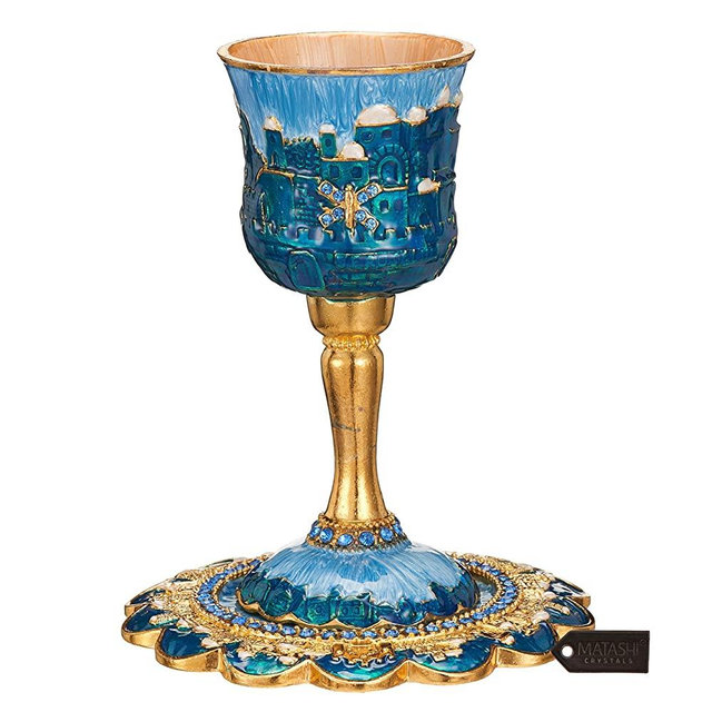 Matashi Hand-Painted Enamel Tall 5" Kiddush Cup Set with Stem and Tray Embellished with Crystals, Jerusalem Cityscape for Weddings Shabbat Havdalah Passover Goblet Judaica Gift for Birthday Festival