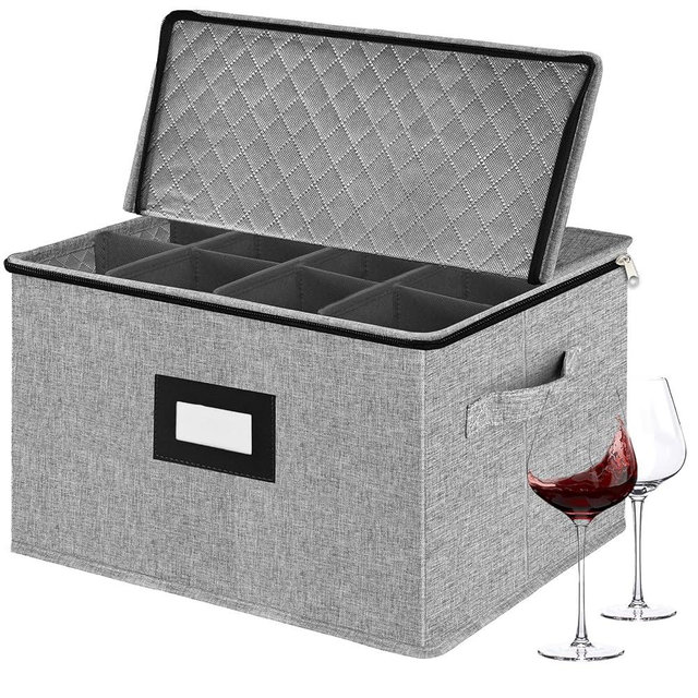 VERONLY Stemware Storage Cases,Quilted Wine glass Storage Boxes with Divider-China Storage Containers Hard Shell Holds 12 Wine Glass or Crystal Glassware Storage Containers, Stackable (Light Grey)