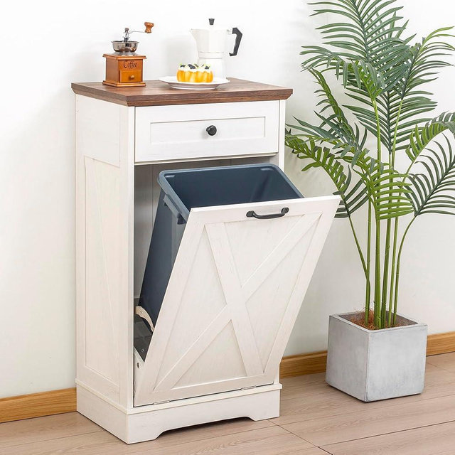 TDLEAYYD 13 Gallons Wooden Tilt Out Trash Cabinet with Drawer, Kitchen Trash Can Cabinet Garbage Recycling Cabinet Pet Proof Trash Cabinet for Kitchen, Living Room (Vintage White)