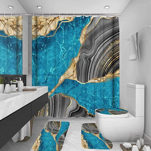 BEIFIVCL 4Pcs Marble Shower Curtain Sets, Bathroom Decor Sets, Luxury Shower Curtain with 12 Hooks, Bath Mat, Toilet Lid Rug and Non-Slip U Shape Mat Accessories Marble Print, 72 x 72 Inch, Royal Blue