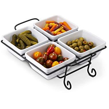 4-Piece Condiment Dish, Serving Set with Metal Rack, Ceramic Make, Great for Vegetables, Candies, Nuts, Dips