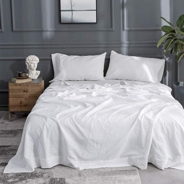 Simple&Opulence Belgian Linen Sheet Set Solid Color - 4 Pieces (1 Flat Sheet & 1 Fitted Sheet & 2 Pillowcases) Natural Flax Cotton Blend Soft Bedding Breathable Farmhouse - White, Queen Size