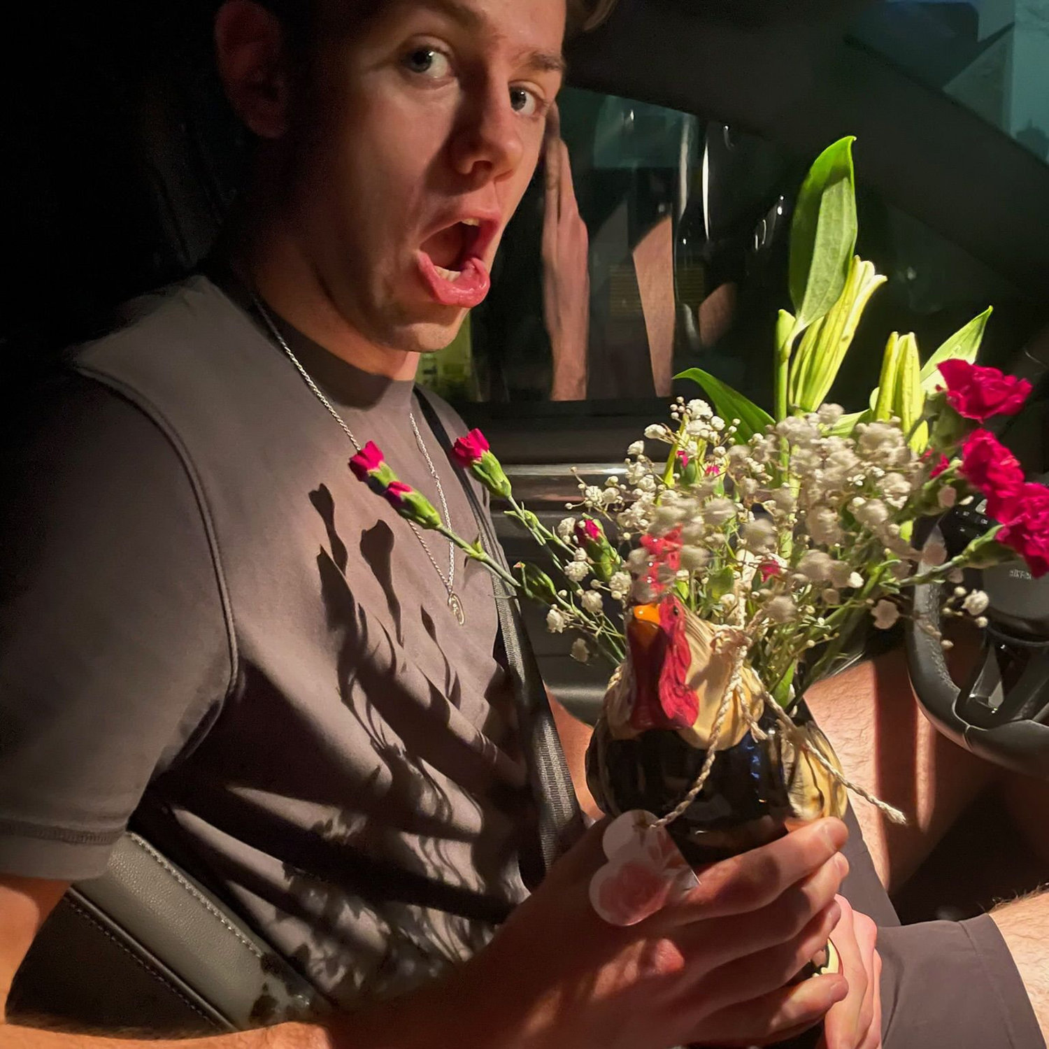 The couple ding-dong-ditched the Bellaire Bunch some flowers (featuring Monica's chicken vase).