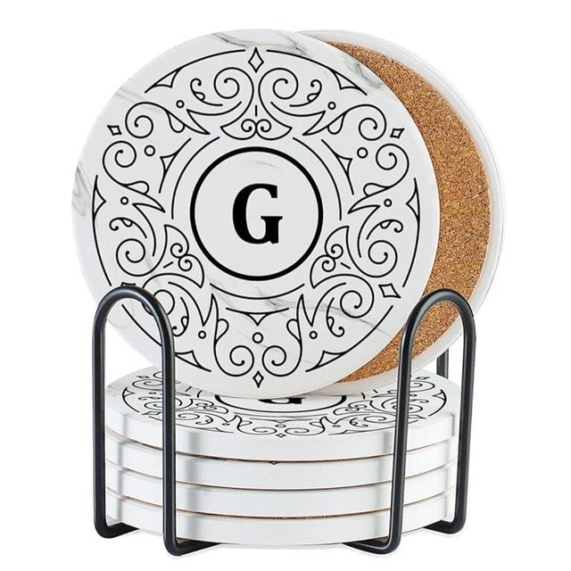 Onebttl Monogrammed Coaster Gifts Set of 6, Initial Letter, Ceramic, Absorbent with Cork Base, Home Decor for Family, Housewarming, Thanksgiving, Friends, Birthday, Christmas - G