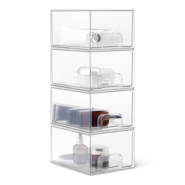 Amazon Basics Stackable Plastic Storage Makeup Organizer Drawers, Clear, 7.5" x 6" x 4.5", 4 Pack