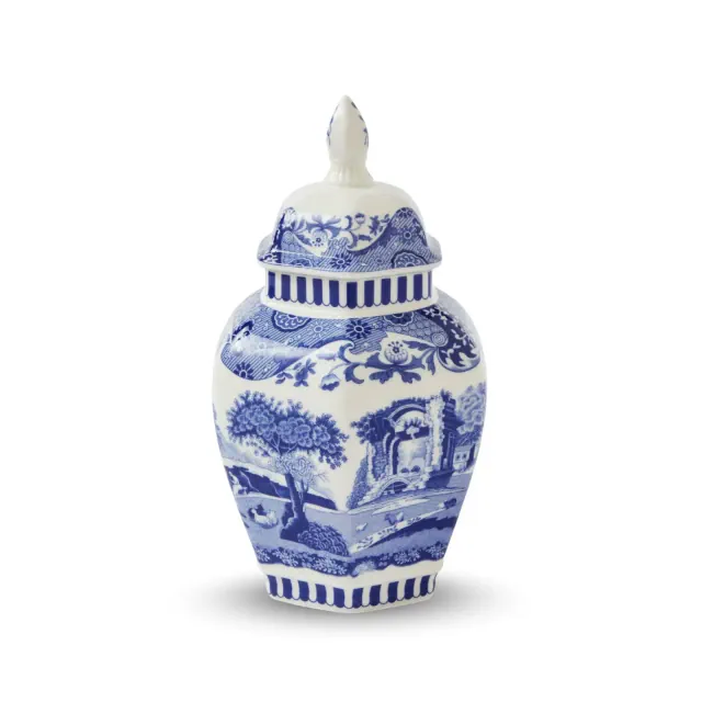 Spode Blue Italian Porcelain Lidded Hexagonal Vase, 5.7-Inch Decorative Accent with Imari Border & Cobalt Detailing for Elegant Display & Storage