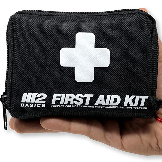 M2 BASICS 150 Piece First Aid Kit w/Compact Bag, Carabiner, Emergency Blanket | Emergency Medical Supply | Full of Supplies for Home, Office, Outdoors, Car, Camping, Travel
