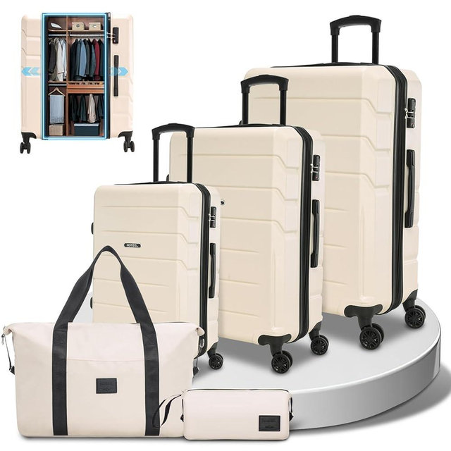 Hoteel Expandable 5 Piece Luggage Set (4-YEARS WARRANTY) ABS+PC Hardshell Carry on Suitcase Silent Universal Wheels & TSA Lock for, Unisex Rolling Suit Case, for Travel, Family, Beige(20/24/28/DB/TB)