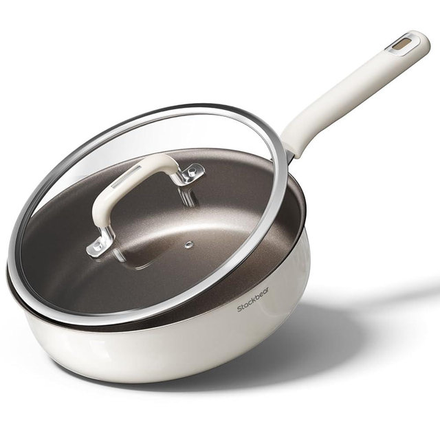 stackbear Ceramic Deep Frying Pan Nonstick - 11"(5.5 Qt) Sauté Pan with Lid, Titanium Reinforced Tri-Ply Stainless Steel Skillet, PTFE&PFOA-Free, Non-Toxic, Compatible with All Stovetops