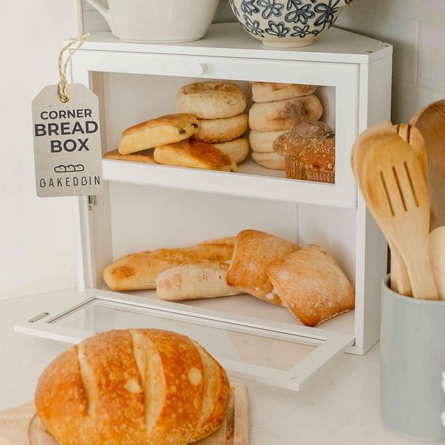 BakedBin Corner Bread Box for Kitchen Countertop - Extra Large Double Layer Bread Boxes, Vintage Airtight Bread Storage for Homemade Bread, Sourdough, Panera, Under Cabinet Organizer, White BreadBox