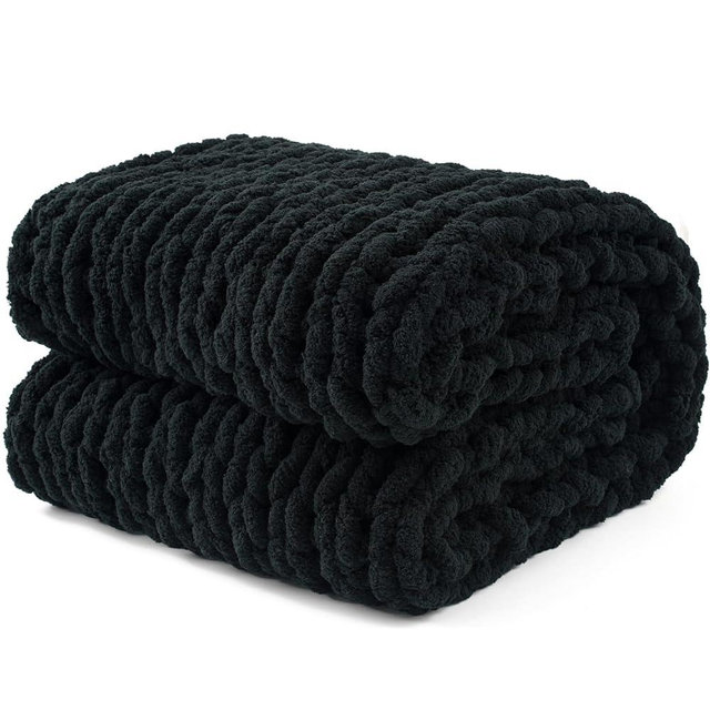 LONG CREATE Chunky Knit Throw Blanket 50"X 60", 100% Handmade with Soft Chenille Yarn, 4.4lbs Thick Cable Knitted Blankets, Large Rope Knot Crochet Throws for Couch Sofa Bed Home Decor, Black