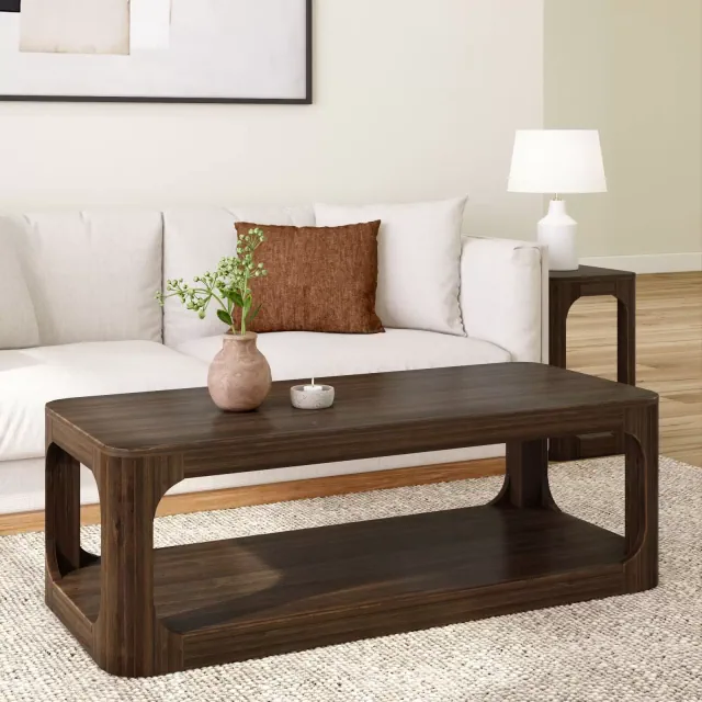 Plank+Beam Forma Coffee Table, 54" Modern Coffee Table with Shelf, Walnut