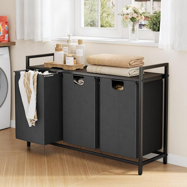 Kitstorack Laundry Hamper with Shelf - Laundry Basket Organizer with 3 Pull-Out Removable Bags Laundry Sorter Dirty Clothes Hamper for Laundry Room Storage Bathroom, 3 X 11.8 Gallons (44.5L)