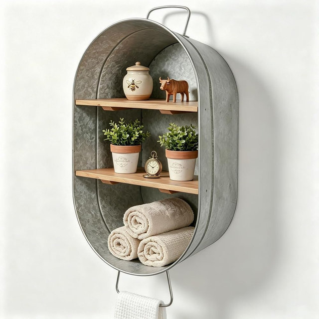 SOFE Galvanized Metal Wash Tub with Shelf, Small Oval Wall Shelf Country Bathroom Decor, 2 Tier Display Shelf Wall Mounted, Farmhouse Laundry, Floating Shelves Bathroom, Living Room
