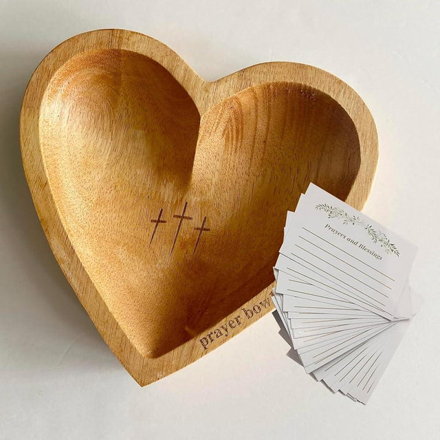 Prayer Bowl with Cards, Heart Prayer Bowl Wooden, Christian Gifts for Women, Wood Prayer Dough Bowl, Heart Shaped Decor Bowl, Religious Gift Christian Gift Congregation Gift