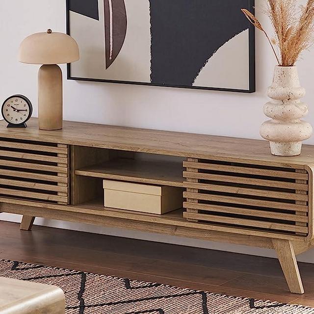 mopio Ensley 59” TV Stand, Mid Century Modern TV Stand for 55/60/65 inch TV, Farmhouse TV Stand, Entertainment Center with Storage, Television Stands, TV Console, Media Console for Living Room (Oak)