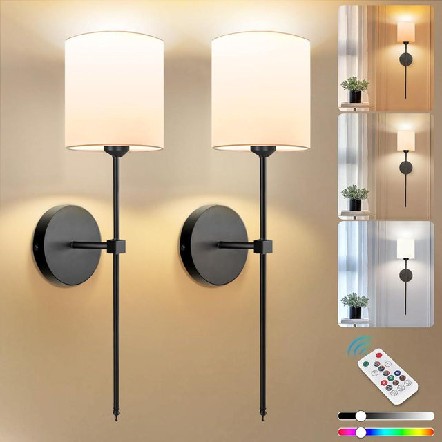 Adetu Wall Lights Battery Operated Wall Sconces Set of 2, 5CCT Black Rechargeable Wall Lamp with Remote & Bulbs, 10 RGB Dimmable Colors Wireless Wall Sconces for Bedroom Living Room Decor