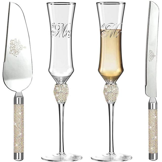 iooiluxry 4 Pieces Wedding Toasting Flutes and Cake Server Set Bride and Groom Champagne Flutes Glasses Printed Mr and Mrs Cake Cutting Set for Wedding Engagement Gifts (Silver AB)