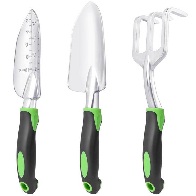 Garden Tools Set, 3 Pack Heavy Duty Gardening Tools Set Include Garden Shovel, Transplant Trowel and Hand Rake with Ergonomic Non-Slip Handle, Aluminum Alloy Lawn and Garden Hand Tools for Planting