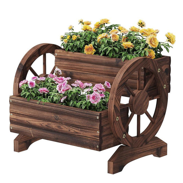 FILWH Wooden Wagon Planter Box for Indoor Outdoor Garden Planter Wood Planter Boxes Flower Planters Outdoor with Wheels Planter for Flowers Herbs Vegetables(Carbonized)