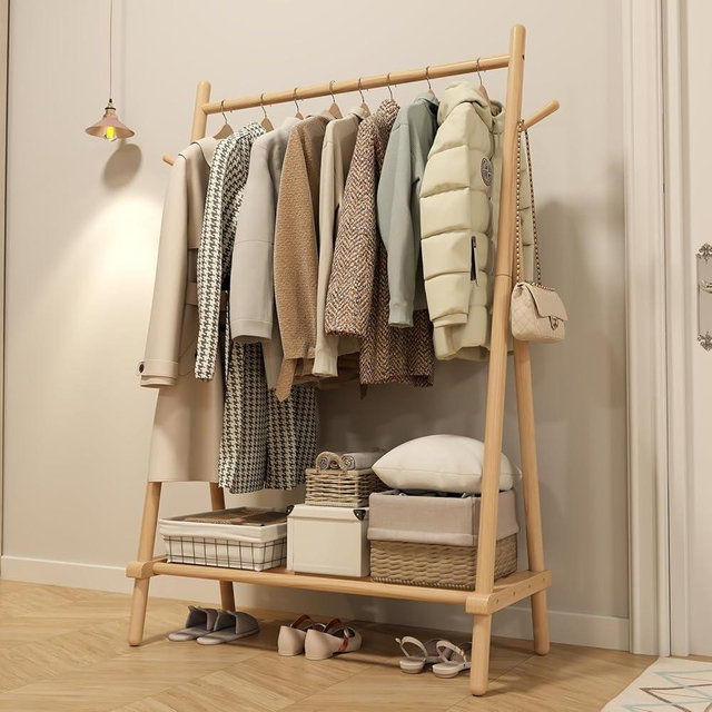 Muwuele Solid Wood Clothes Rack, Clothing Rack for Hanging Clothes, Hanging Racks for Clothes with Shelves Load 350 Lbs Garment Rack (Natural)