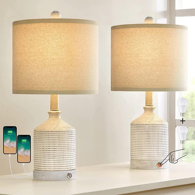 PoKat 20’’Farmhouse 3-Way Dimmable Touch Ceramic Table Lamp Sets of 2 Contemporary White Bedside Lamps for Living Room Bedroom Rustic Nightstand End Table Lamps with 2 USB Ports (2 Bulbs Included)