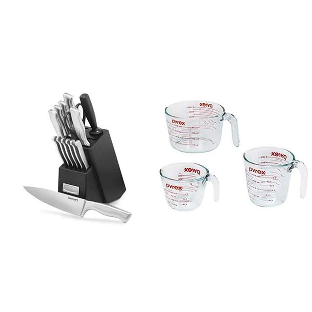 Cuisinart C77SS-15PK 15-Piece Stainless Steel Hollow Handle Block Set & Pyrex Glass Measuring Cup Set (3-Piece, Microwave and Oven Safe),Clear