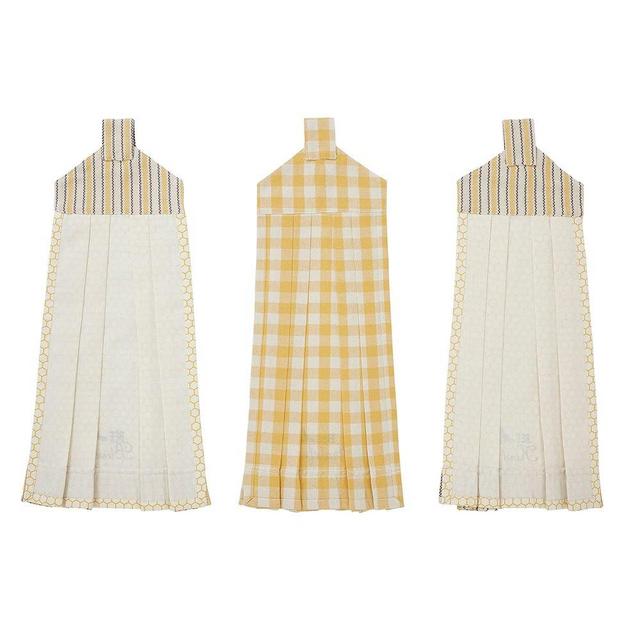 VHC Brands Cotton Buzzy Bees Button Loop Kitchen Towel Set of 3, Hanging Kitchen Towel, Distressed Appearance, Bath, Kitchen, Rectangle 21x7, Bee Kind, Grateful, Blessed, Vintage Yellow