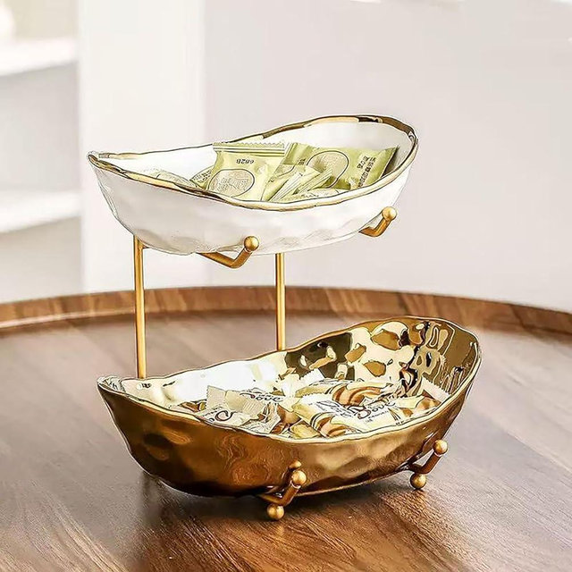 Afeyibu 2-Tier Fruit Bowls for Kitchen Counter,Ceramic Bowl with Gold Metal Stand,2 Tier Fruit Basket for Fruit,Snack,Cake,Nuts,Dessert Space Saving Storage