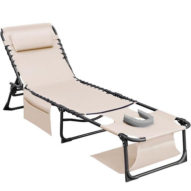 Flamaker Face Down Chaise Lounge Chair 5-Position Adjustable Sunbathing, Foldable Tanning Chair with Face& Arm Holes, Outdoor Recliner Chair for Pool, Beach, Patio, Lawn (Beige, 1 Pcs)
