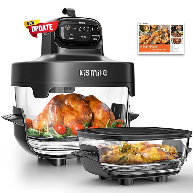 Kismile Glass Air Fryer, Upgraded 5-in-1 Portable Air Fryer with Dual Glass Bowls, 4.7QT & 2.6QT Containers & Lids, Adjustable Temp & Time, Freezer & Dishwasher Safe, Bake, Air Fry, Keep Warm & Crisp