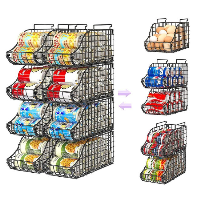 8-Pack Can Organizer for Pantry, Stackable Cabinet Food Shelves for Fridge, Wire Cupboard Storage, Holds up to 72 Beers,Small Metal Bin for Drink Beverage Egg Gillas, Rack for Kitchen Countertops RV