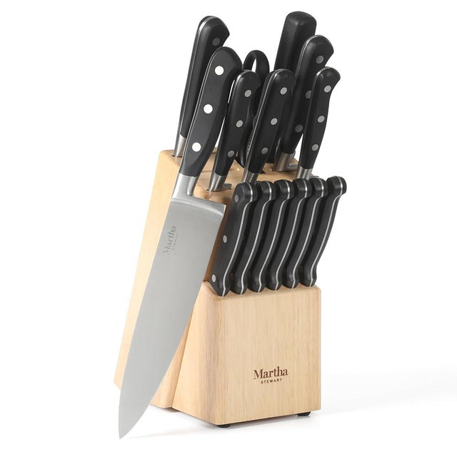 Martha Stewart Carverton 15 Piece High Carbon Stainless Steel Cutlery Kitchen Knife Block Set w/ABS Triple Riveted Forged Handle Wood Block - Black